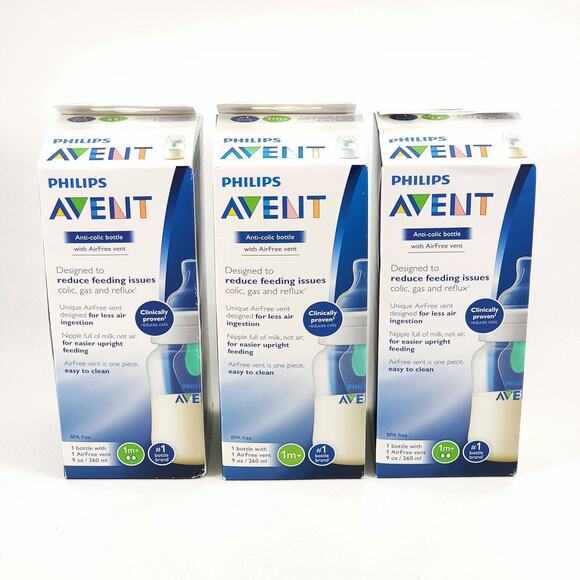 3pk Philips Avent Anti-Colic Bottle AirFree Vent 9 oz 260ml 1 mo+ Reduce Gas NEW - Picture 1 of 6